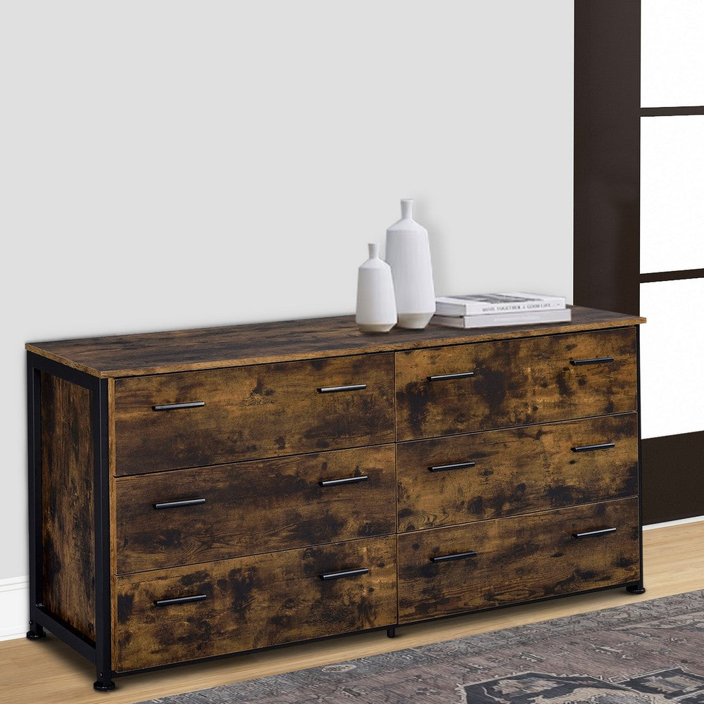 Nat 59 Inch Rustic Wood Dresser, 6 Drawers, Brown and Black - BM279152