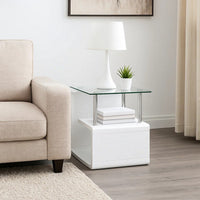 24 Inch Square Accent End Table, Glass Top, Open Shelf, White, Chrome - BM279165