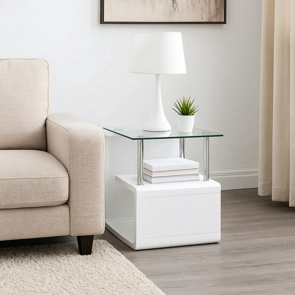 24 Inch Square Accent End Table, Glass Top, Open Shelf, White, Chrome - BM279165