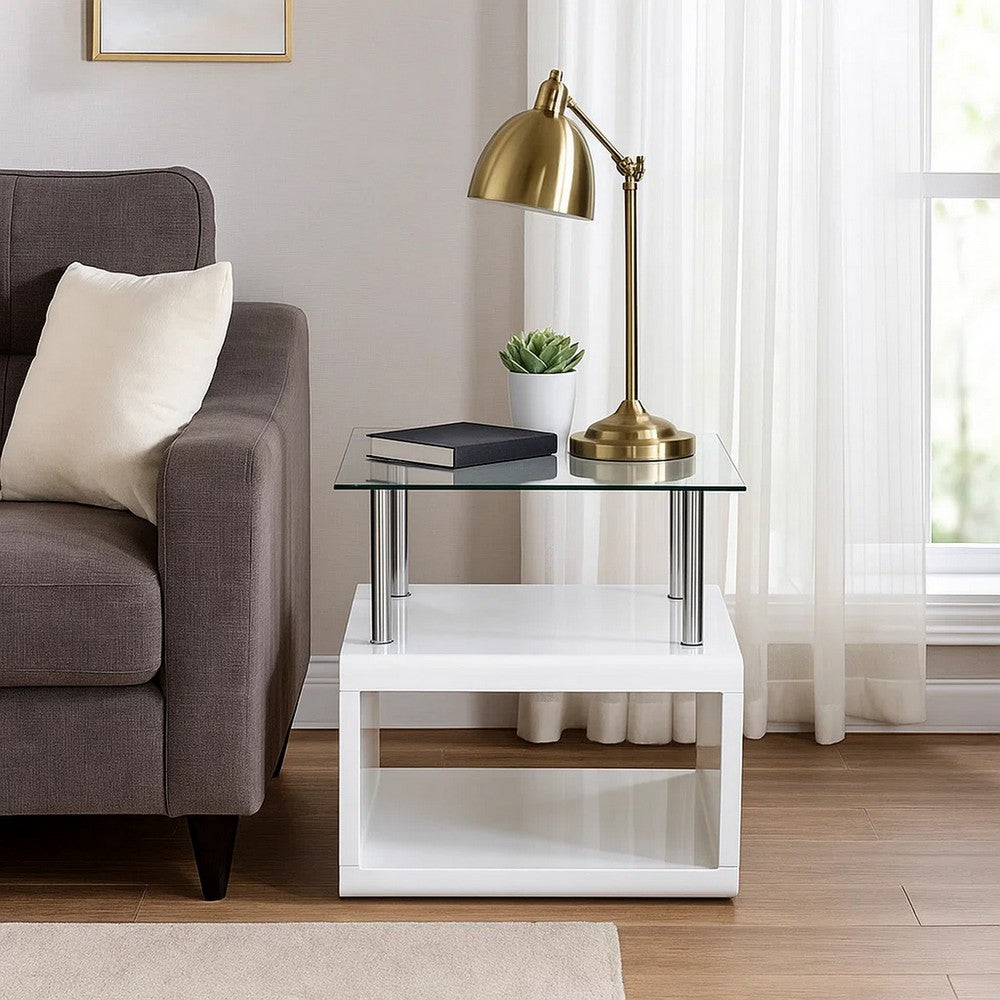 24 Inch Square Accent End Table, Glass Top, Open Shelf, White, Chrome - BM279165