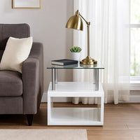 24 Inch Square Accent End Table, Glass Top, Open Shelf, White, Chrome - BM279165