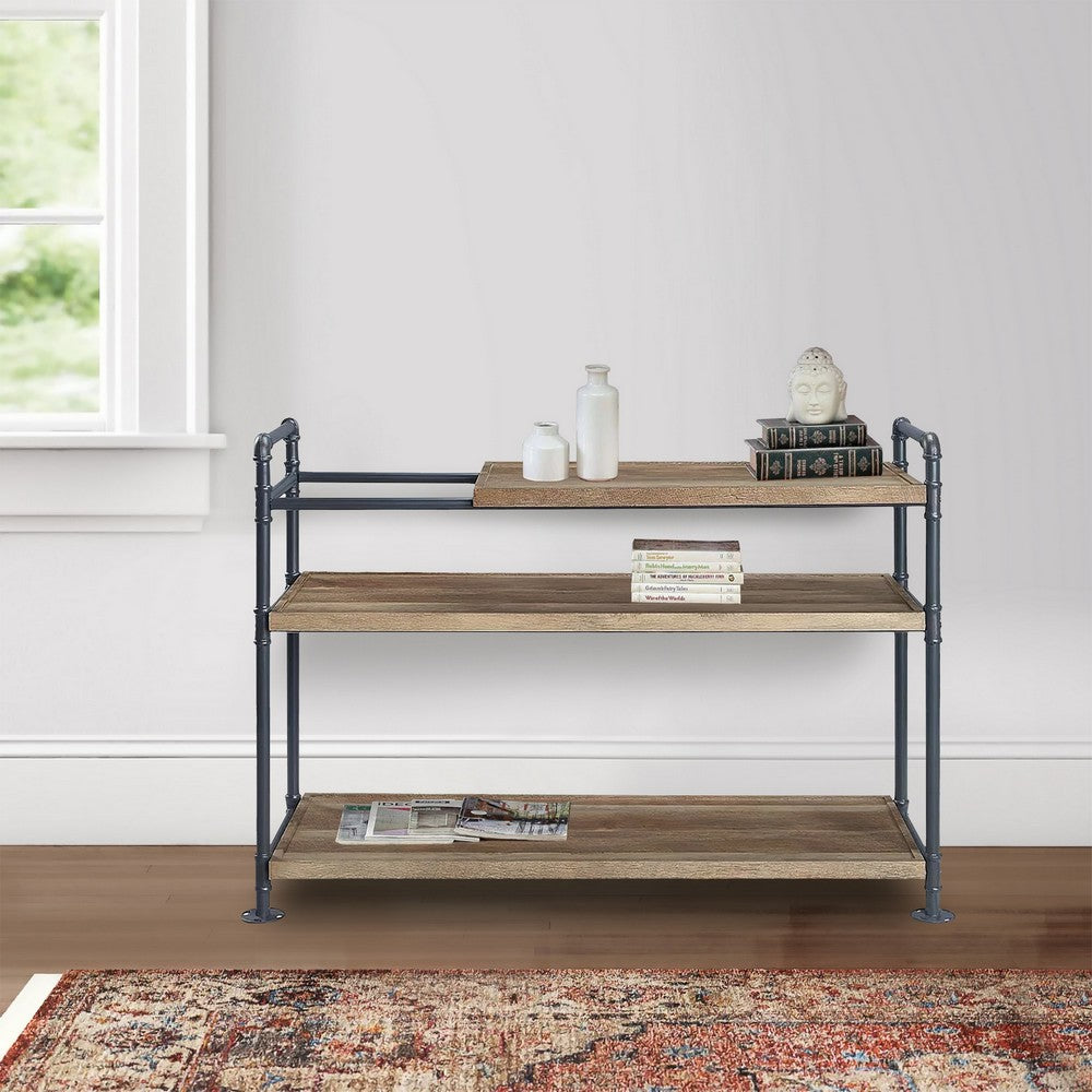 Ley 48 Inch 3 Tier Industrial Style Bookshelf, Metal, Brown, Black - BM279167