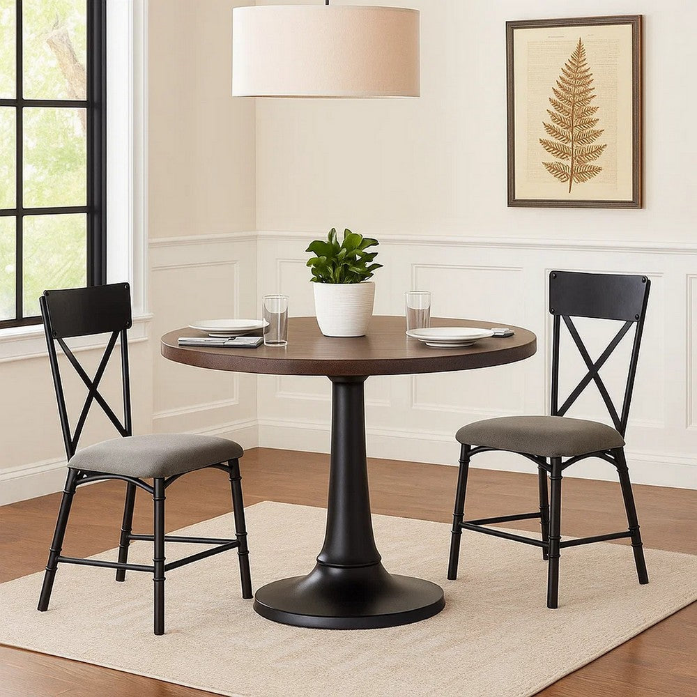 21 Inch Metal Dining Side Chair, Fabric Seat, X Back, Set of 2, Gray - BM279172