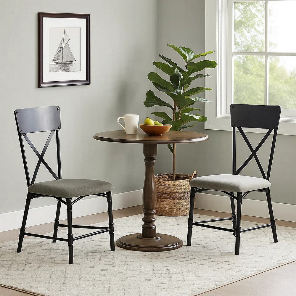 21 Inch Metal Dining Side Chair, Fabric Seat, X Back, Set of 2, Gray - BM279172