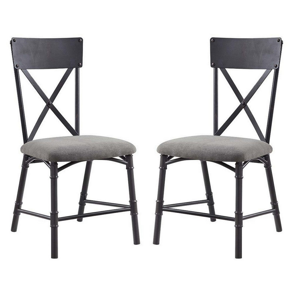 21 Inch Metal Dining Side Chair, Fabric Seat, X Back, Set of 2, Gray - BM279172