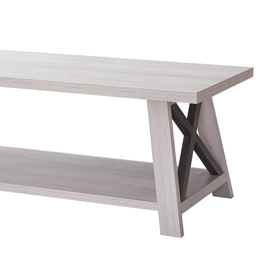 Tess 47 Inch Farmhouse Coffee Table, 1 Shelf, Wood, White Oak, Washed Grey - BM279757
