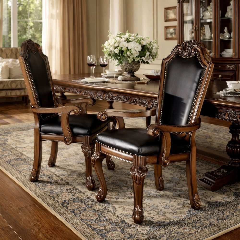 Loki 28 Inch Dining Armchair, Nailhead Trim, Faux Leather, Set of 2, Brown - BM280262