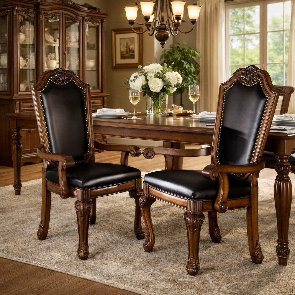 Loki 28 Inch Dining Armchair, Nailhead Trim, Faux Leather, Set of 2, Brown - BM280262