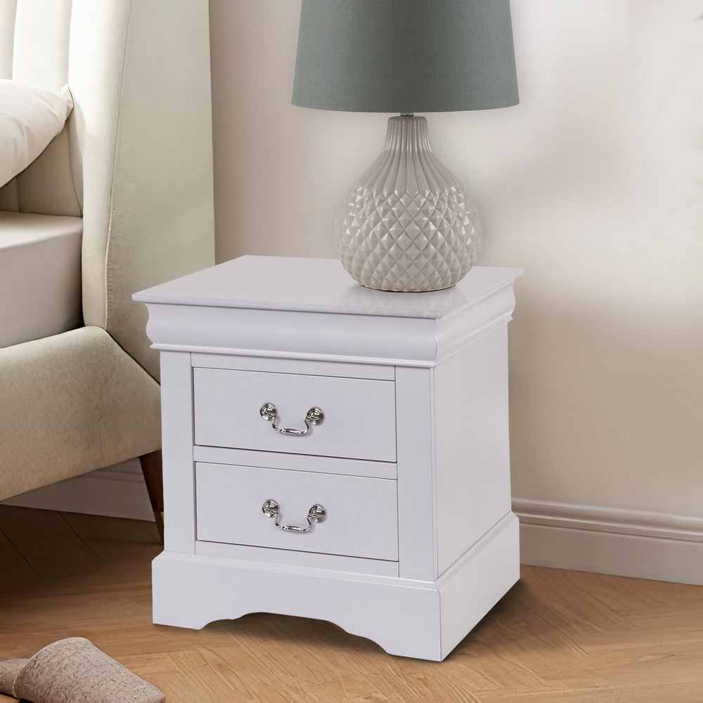 24 Inch Modern Classic Nightstand, 2 Drawers, Drop Handles, Wood, White - BM280265