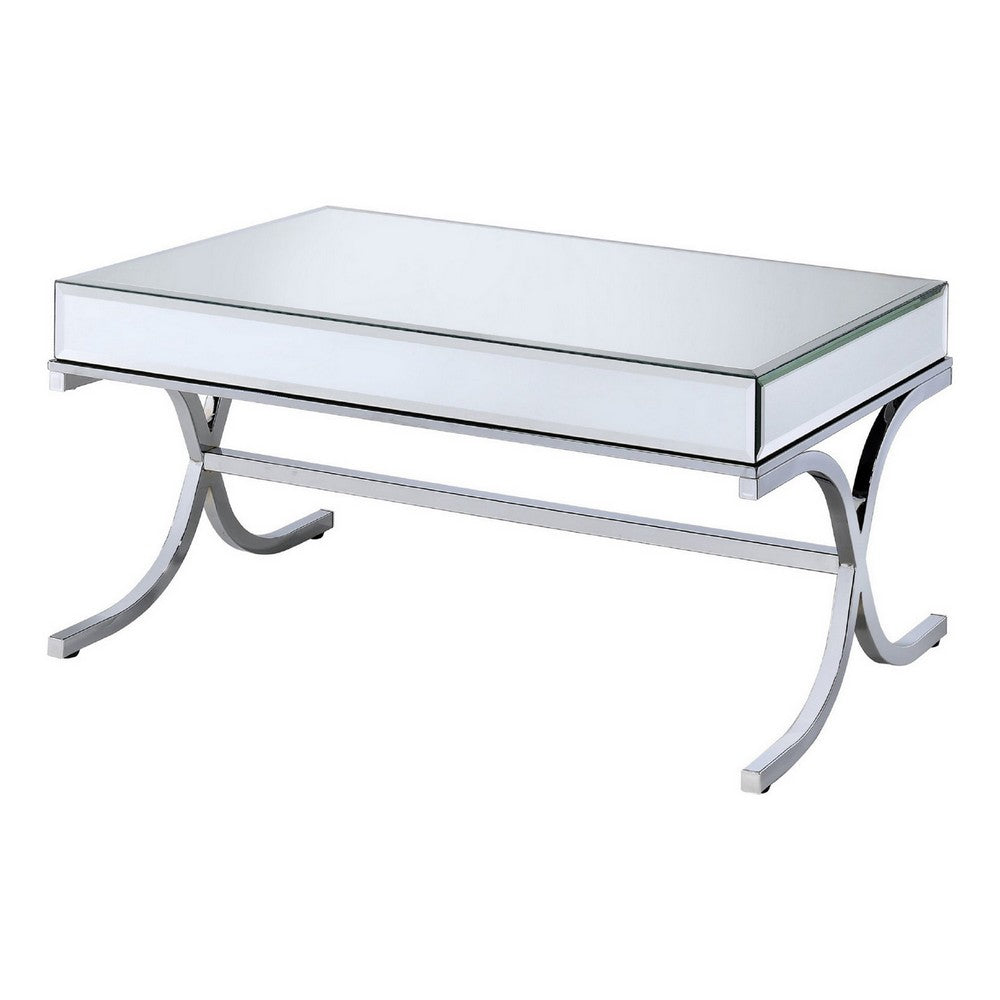 42 Inch Rectangular Coffee Table, Mirrored, X Shaped Metal Legs, Silver - BM280271