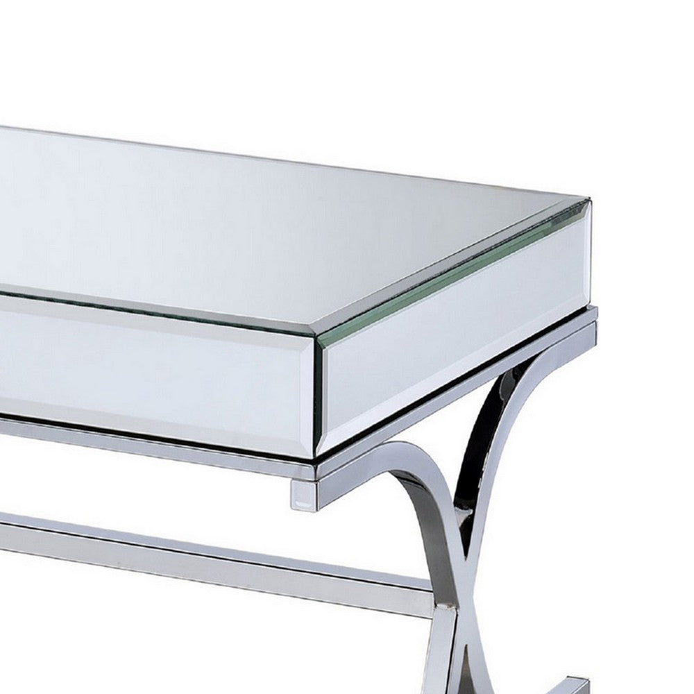 42 Inch Rectangular Coffee Table, Mirrored, X Shaped Metal Legs, Silver - BM280271