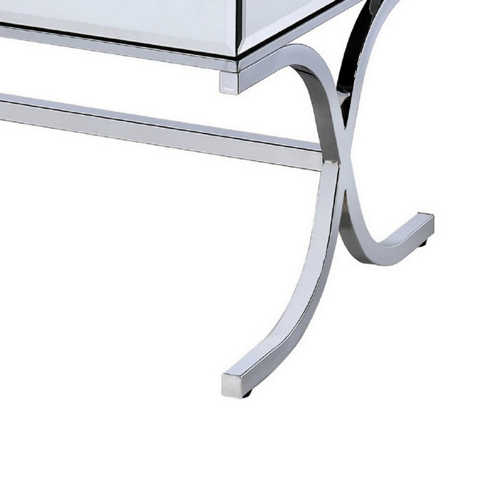 42 Inch Rectangular Coffee Table, Mirrored, X Shaped Metal Legs, Silver - BM280271