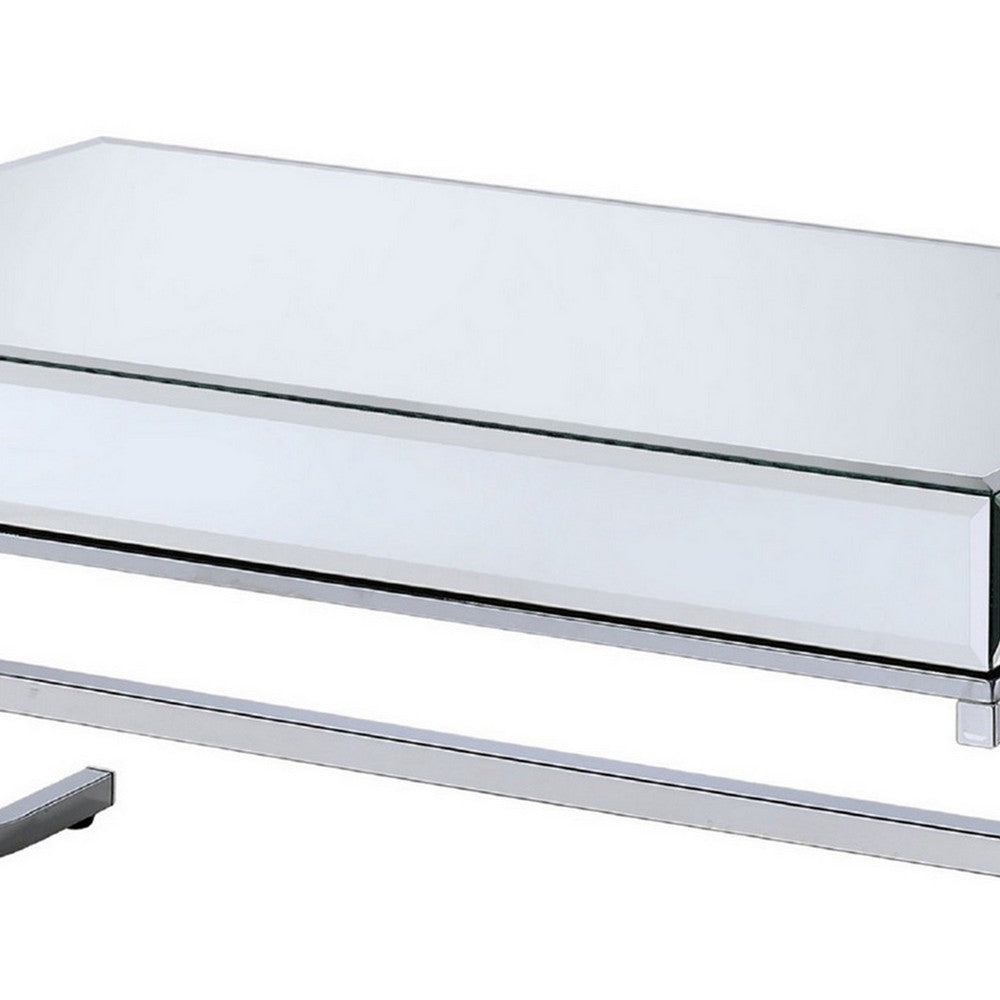 42 Inch Rectangular Coffee Table, Mirrored, X Shaped Metal Legs, Silver - BM280271