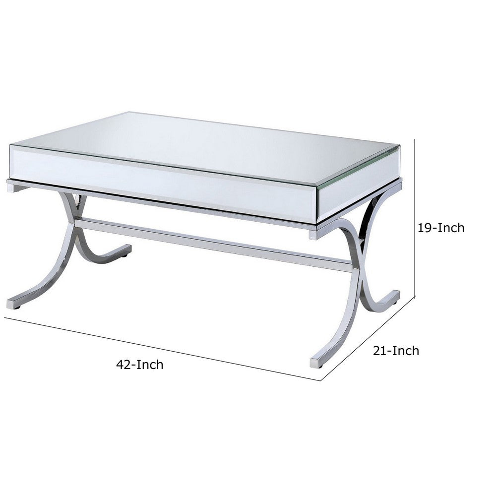 42 Inch Rectangular Coffee Table, Mirrored, X Shaped Metal Legs, Silver - BM280271