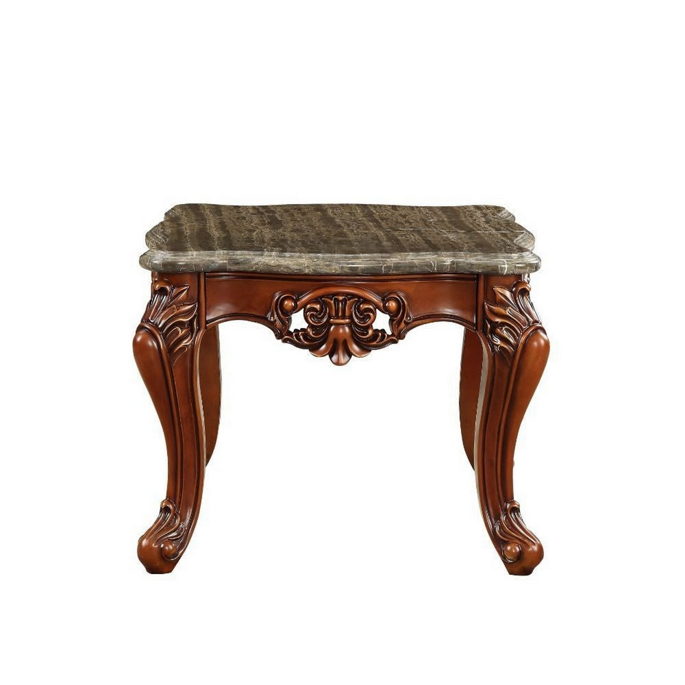 30 Inch Classic Square Marble Top End Table, Cabriole Legs, Gray, Brown - BM280273