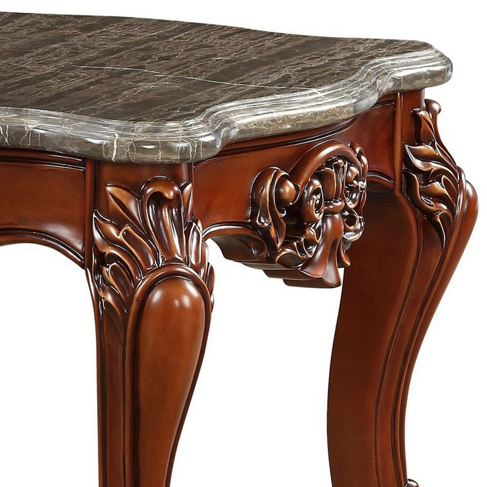 30 Inch Classic Square Marble Top End Table, Cabriole Legs, Gray, Brown - BM280273
