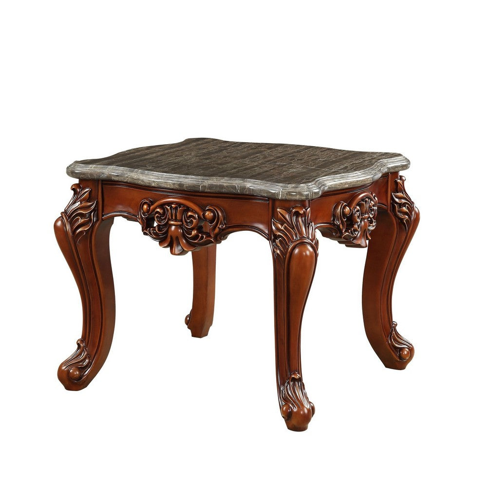 30 Inch Classic Square Marble Top End Table, Cabriole Legs, Gray, Brown - BM280273