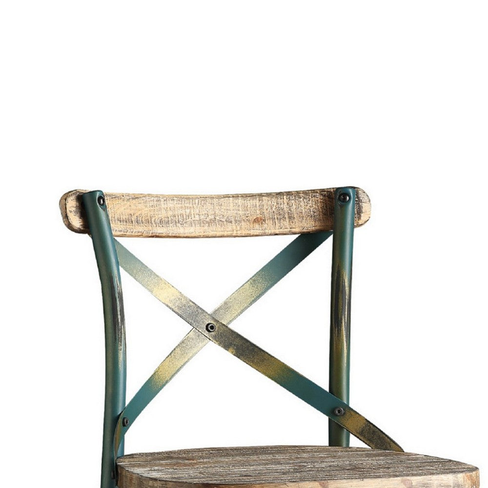 Chad 29 Inch Modern Bar Height Chair, Footrest, X Backrest, Green, Oak Wood - BM280274