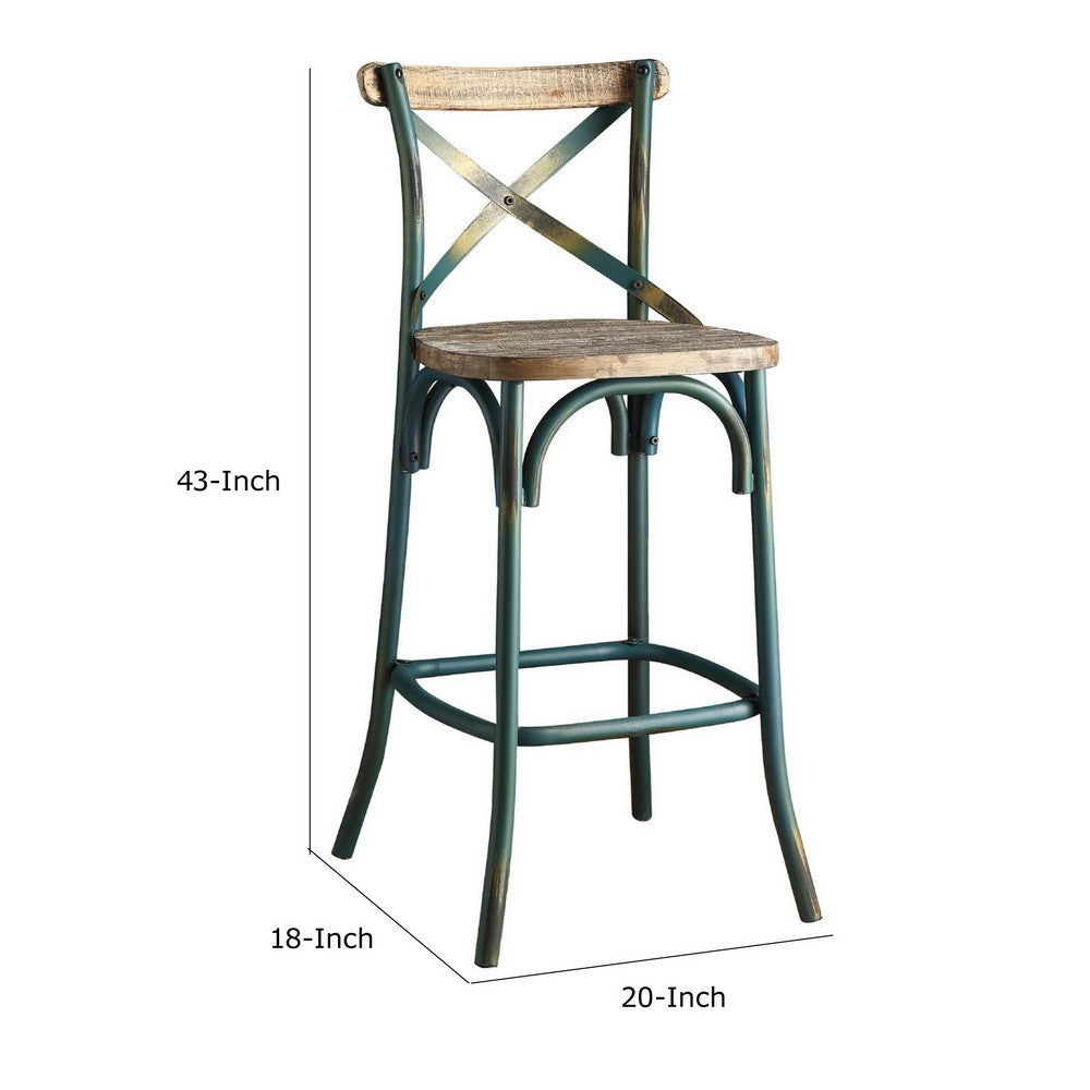 Chad 29 Inch Modern Bar Height Chair, Footrest, X Backrest, Green, Oak Wood - BM280274