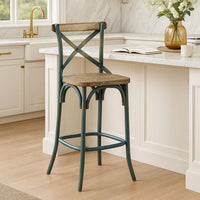 Chad 29 Inch Modern Bar Height Chair, Footrest, X Backrest, Green, Oak Wood - BM280274