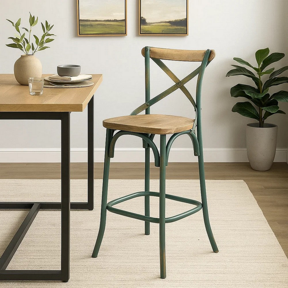 Chad 29 Inch Modern Bar Height Chair, Footrest, X Backrest, Green, Oak Wood - BM280274