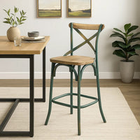 Chad 29 Inch Modern Bar Height Chair, Footrest, X Backrest, Green, Oak Wood - BM280274