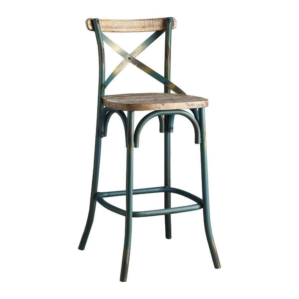 Chad 29 Inch Modern Bar Height Chair, Footrest, X Backrest, Green, Oak Wood - BM280274