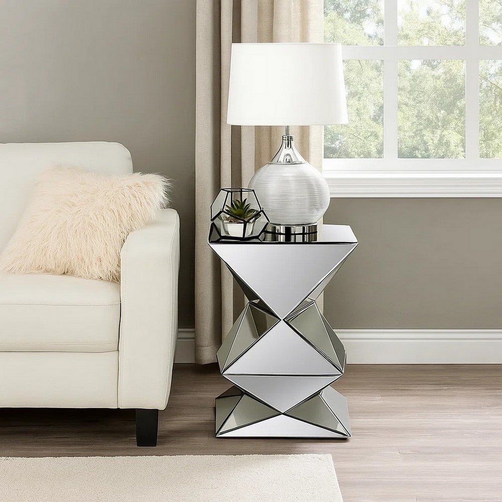 20 Inch Modern End Table, Square Mirror Top, Silver Geometric Pedestal Base - BM280277