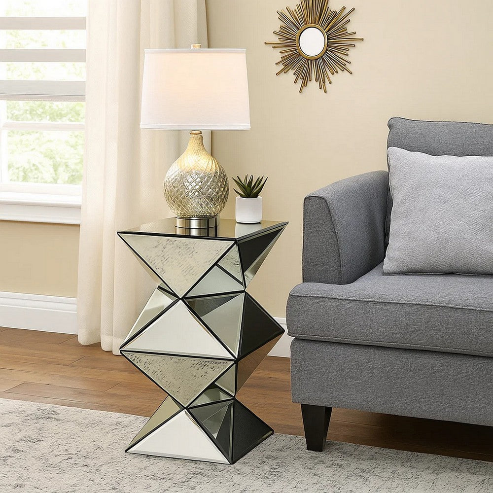 20 Inch Modern End Table, Square Mirror Top, Silver Geometric Pedestal Base - BM280277