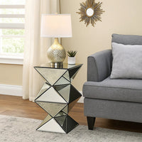 20 Inch Modern End Table, Square Mirror Top, Silver Geometric Pedestal Base - BM280277