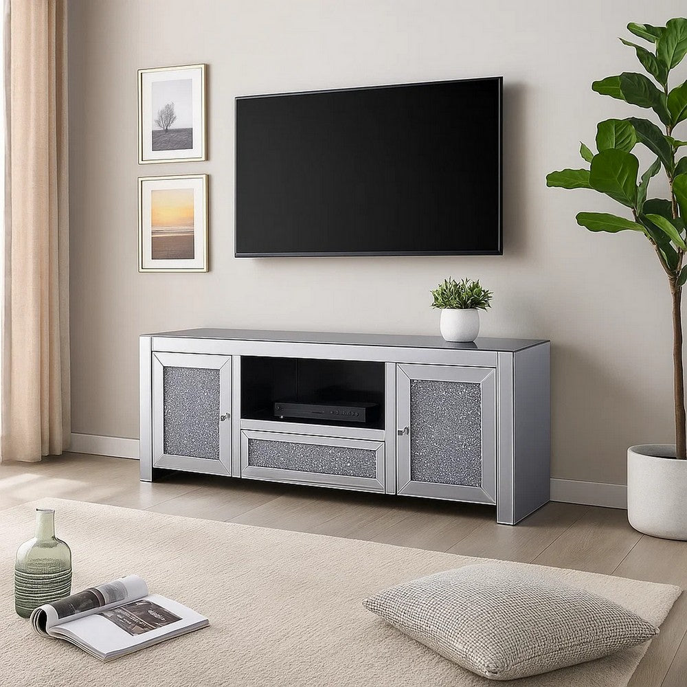 Noe 59 Inch Wood TV Entertainment Media Console, Faux Diamond Inlay, Silver - BM280280