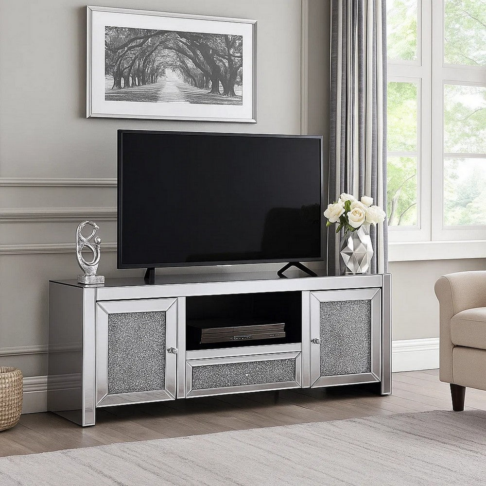 Noe 59 Inch Wood TV Entertainment Media Console, Faux Diamond Inlay, Silver - BM280280