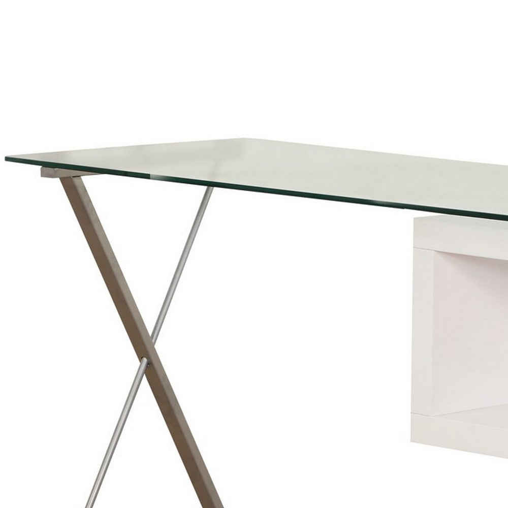 55 Inch Modern Office Desk, Swivel Shelves, Sleek Glass Top, Glossy White - BM280282