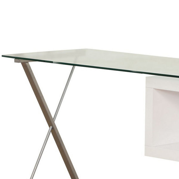 55 Inch Modern Office Desk, Swivel Shelves, Sleek Glass Top, Glossy White - BM280282