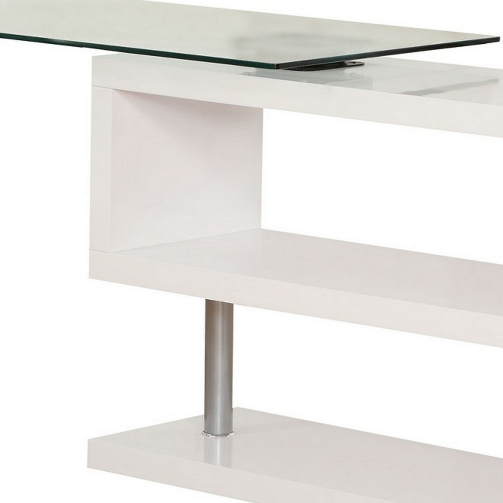 55 Inch Modern Office Desk, Swivel Shelves, Sleek Glass Top, Glossy White - BM280282