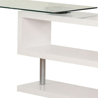 55 Inch Modern Office Desk, Swivel Shelves, Sleek Glass Top, Glossy White - BM280282