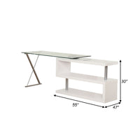 55 Inch Modern Office Desk, Swivel Shelves, Sleek Glass Top, Glossy White - BM280282