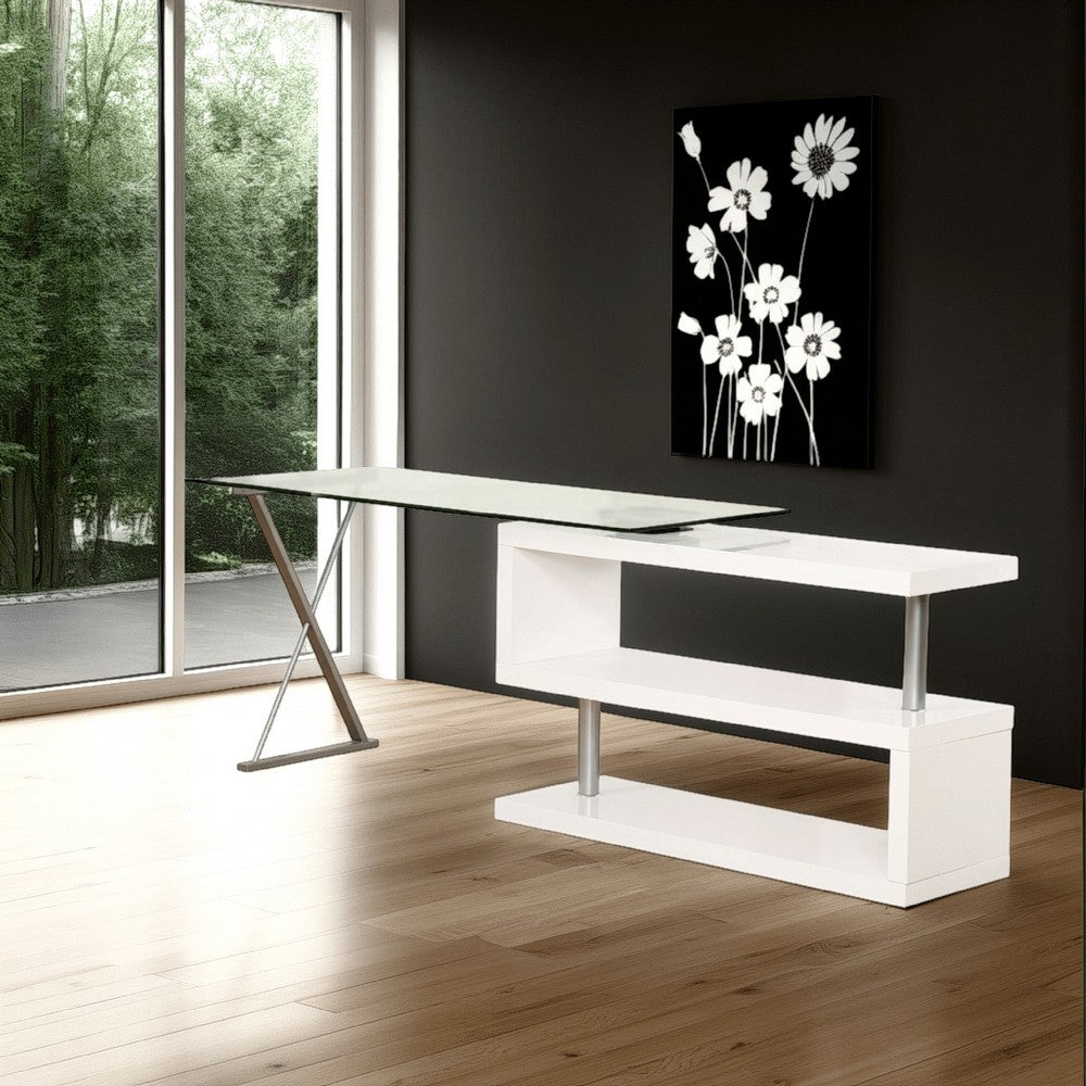 55 Inch Modern Office Desk, Swivel Shelves, Sleek Glass Top, Glossy White - BM280282