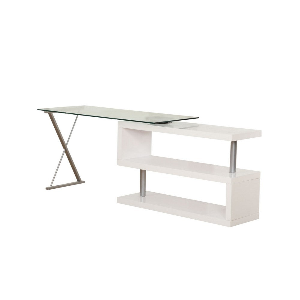 55 Inch Modern Office Desk, Swivel Shelves, Sleek Glass Top, Glossy White - BM280282