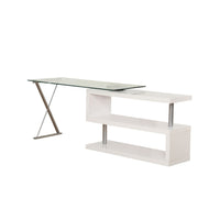55 Inch Modern Office Desk, Swivel Shelves, Sleek Glass Top, Glossy White - BM280282