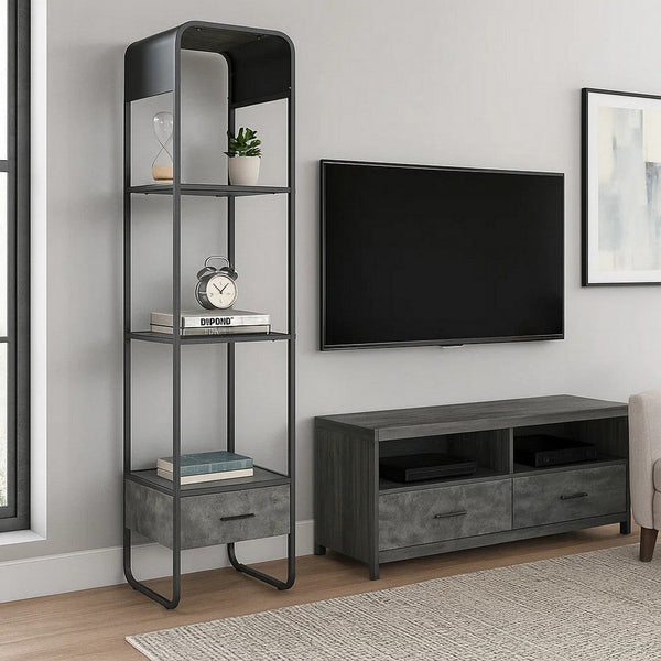 66 Inch Side Pier, Vertical Media Bookcase, 3 Shelves, Metal Frame, Gray - BM280302