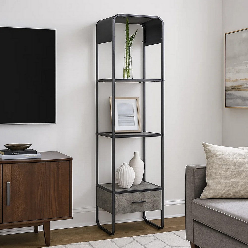 66 Inch Side Pier, Vertical Media Bookcase, 3 Shelves, Metal Frame, Gray - BM280302