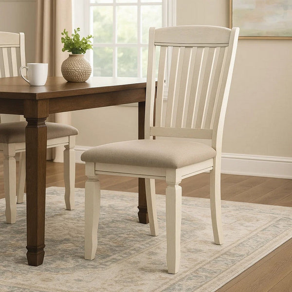 18 Inch Dining Chair, Fabric Padded Seat, Slatted, Set of 2, Antique White - BM280305