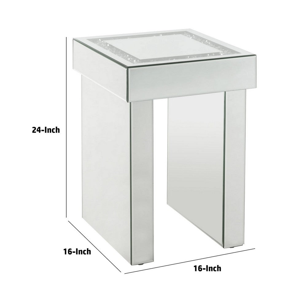 Noe 24 Inch Square End Accent Table, Mirrored, Faux Diamond Inlay, Silver - BM280308