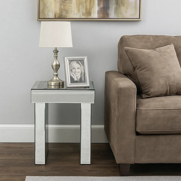 Noe 24 Inch Square End Accent Table, Mirrored, Faux Diamond Inlay, Silver - BM280308