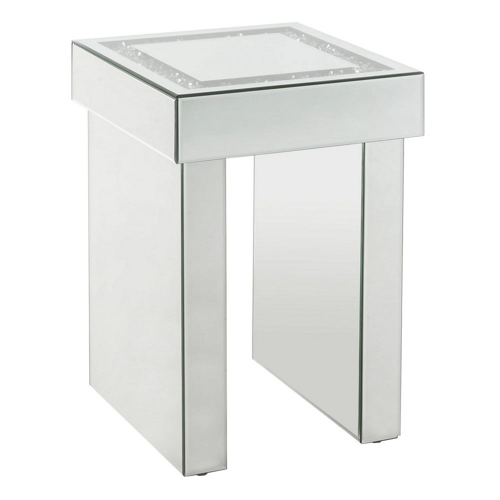 Noe 24 Inch Square End Accent Table, Mirrored, Faux Diamond Inlay, Silver - BM280308