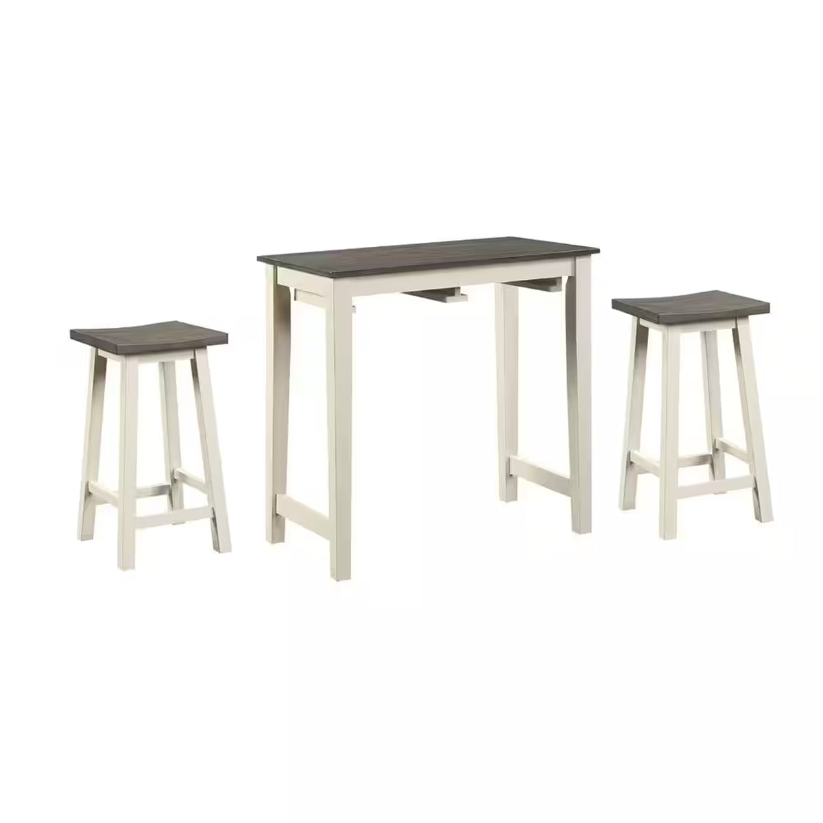 3 Piece Set Solid Wood Counter Dining Table with 2 Stools, White, Gray - BM280318