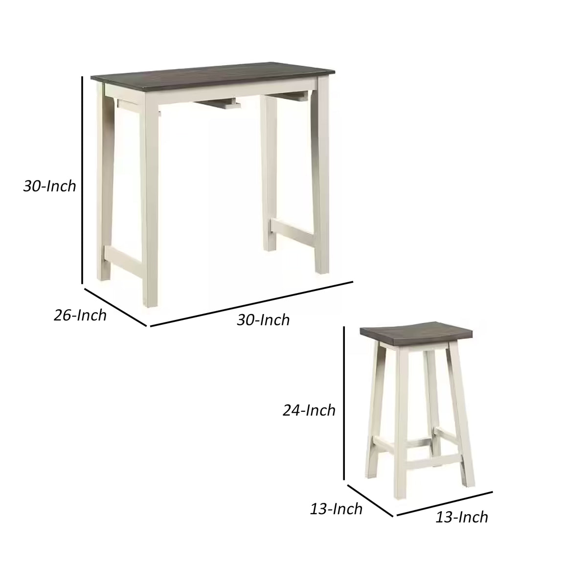 3 Piece Set Solid Wood Counter Dining Table with 2 Stools, White, Gray - BM280318
