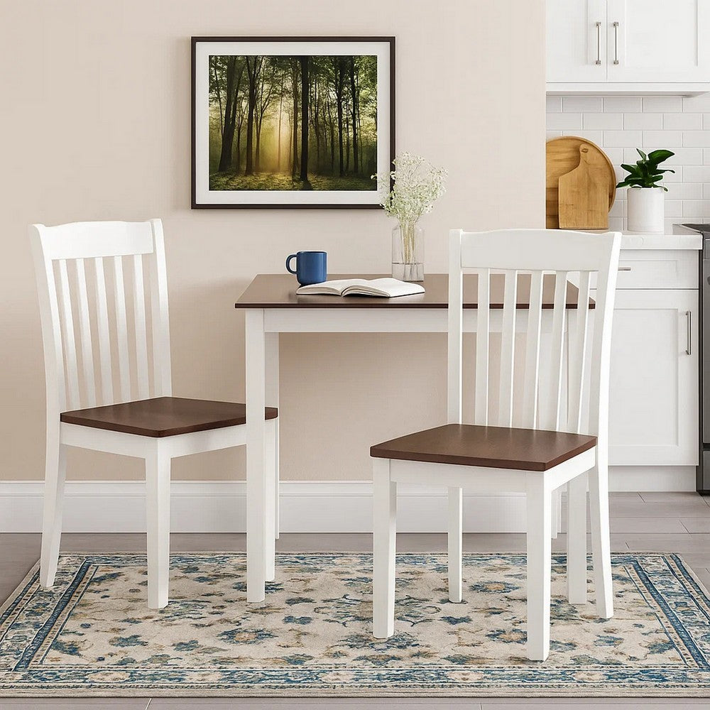 22 Inch Solid Wood Side Chair, Classic, Slatted, Set of 2, White, Brown - BM280320