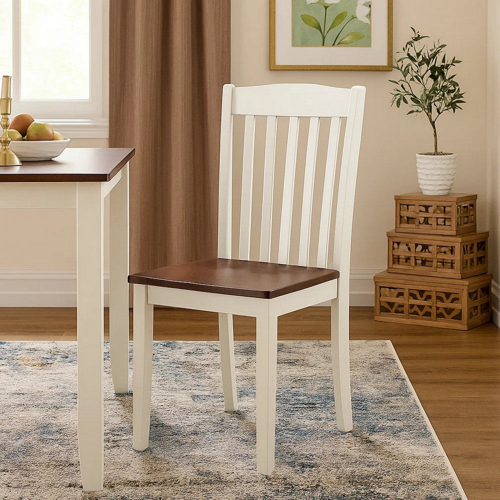 22 Inch Solid Wood Side Chair, Classic, Slatted, Set of 2, White, Brown - BM280320